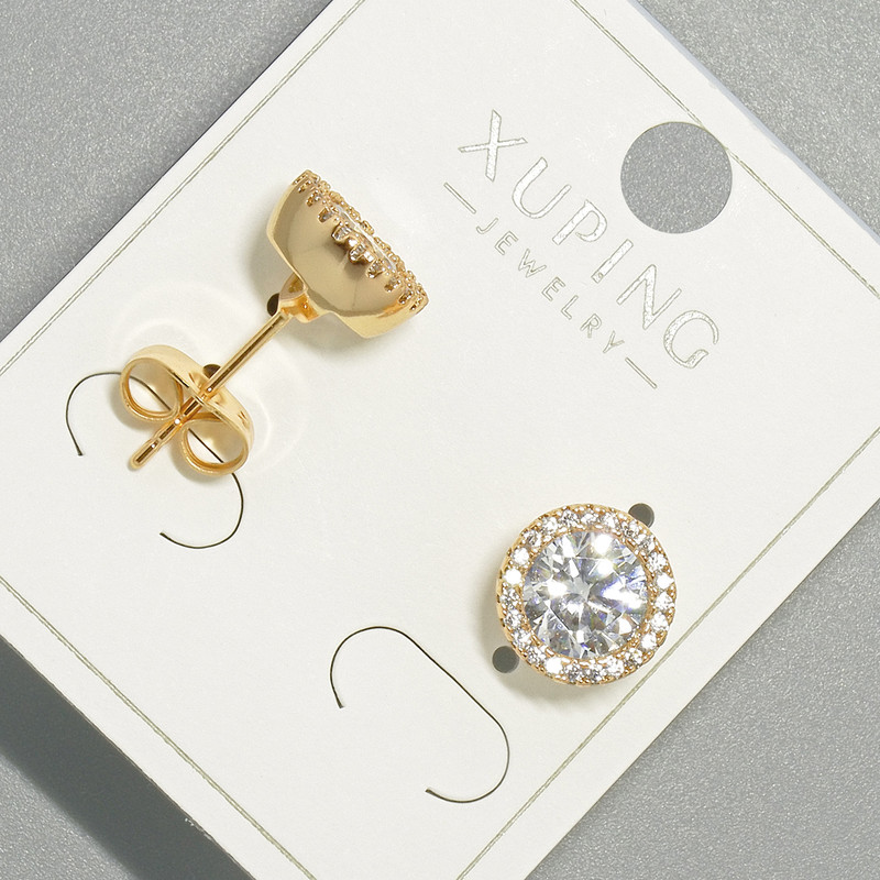Xuping Stud Earrings with White Crystal and White Rhinestones, round setting, diameter 9.5mm, gold plated