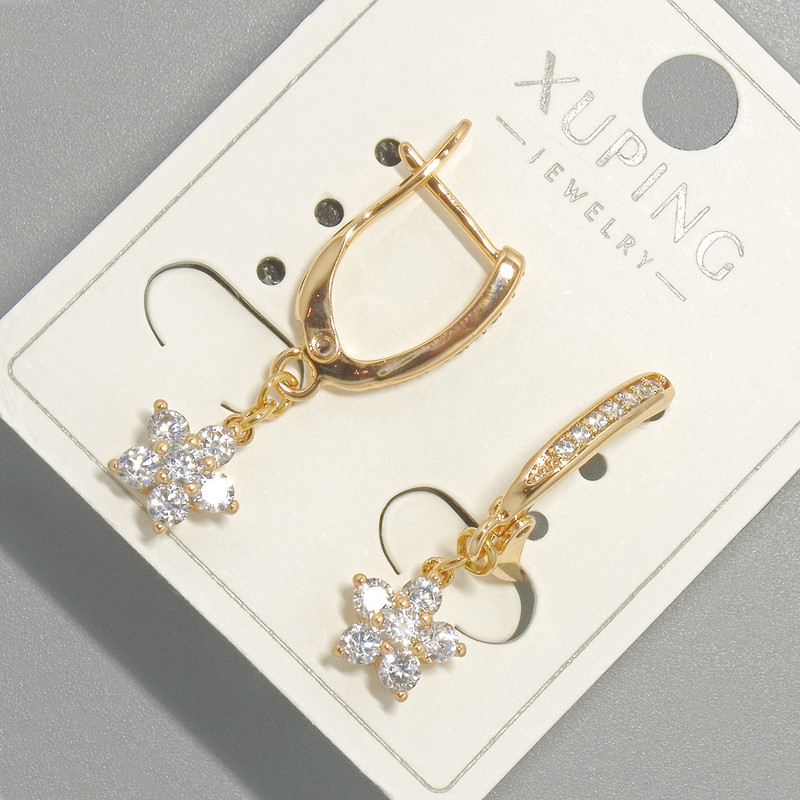Xuping "Flower" Earrings with White Rhinestones, Diameter 8mm+/-, Length 29mm 18K Gold Plated