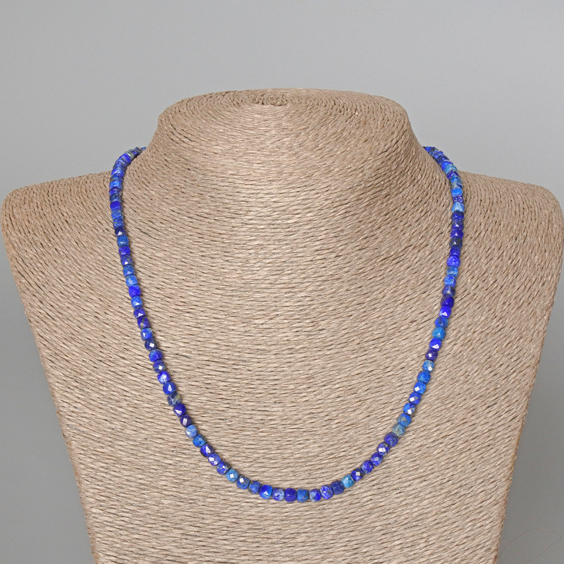 Lapis Lazuli Necklace, natural stone, faceted cube, diameter 4mm+/-, length 48cm+