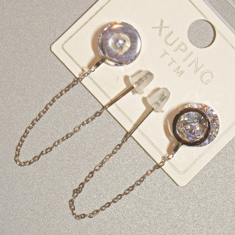 Xuping Earrings with White Crystal, diameter 9mm+/-, length 60mm+/- rhodium