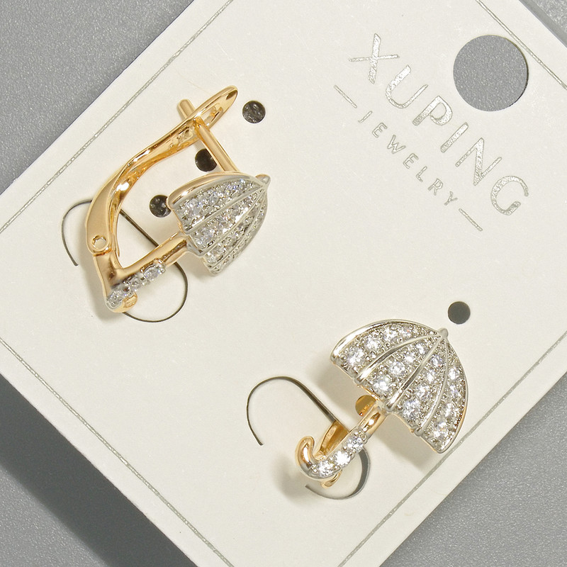 Xuping "Umbrella" Earrings with White Rhinestones, diameter 11.5x15mm+/- 18K gold plating and rhodium