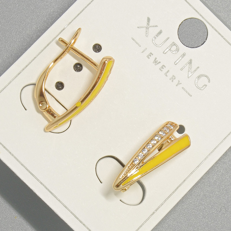 Xuping Earrings with White Rhinestones and Yellow Enamel, 6x18mm +/- 18K Gold Plating