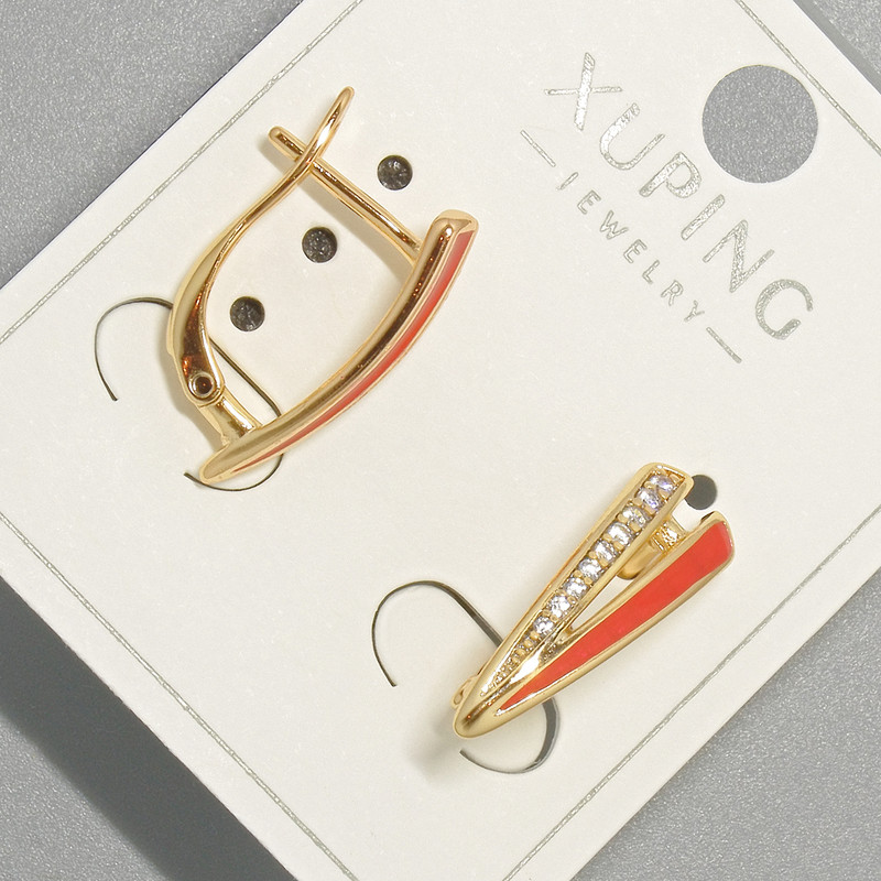 Xuping Earrings with White Rhinestones and Red Enamel, 6x18mm +/- 18K Gold Plating