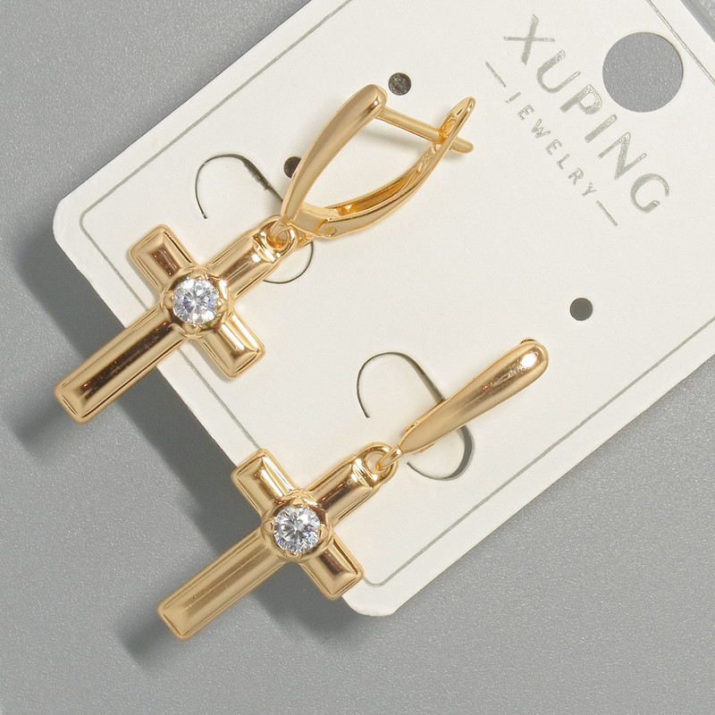 Xuping "Cross" Earrings with White Crystal, diameter 13x22mm+/-, length 34.5mm+/- 18K Gold Plated