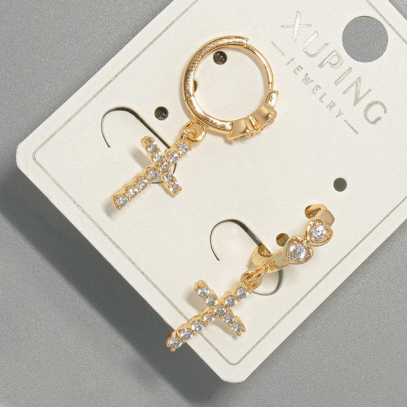 Xuping "Cross" Earrings with White Rhinestones, Diameter 9x14mm+/-, Length 26mm+/- 18K Gold Plated
