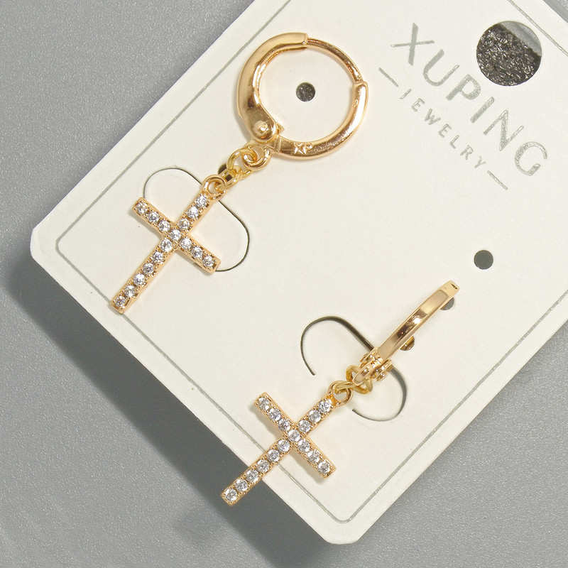 Xuping "Cross" Earrings with White Rhinestones, Diameter 9x15mm+/-, Length 30mm+/- 18K Gold Plated