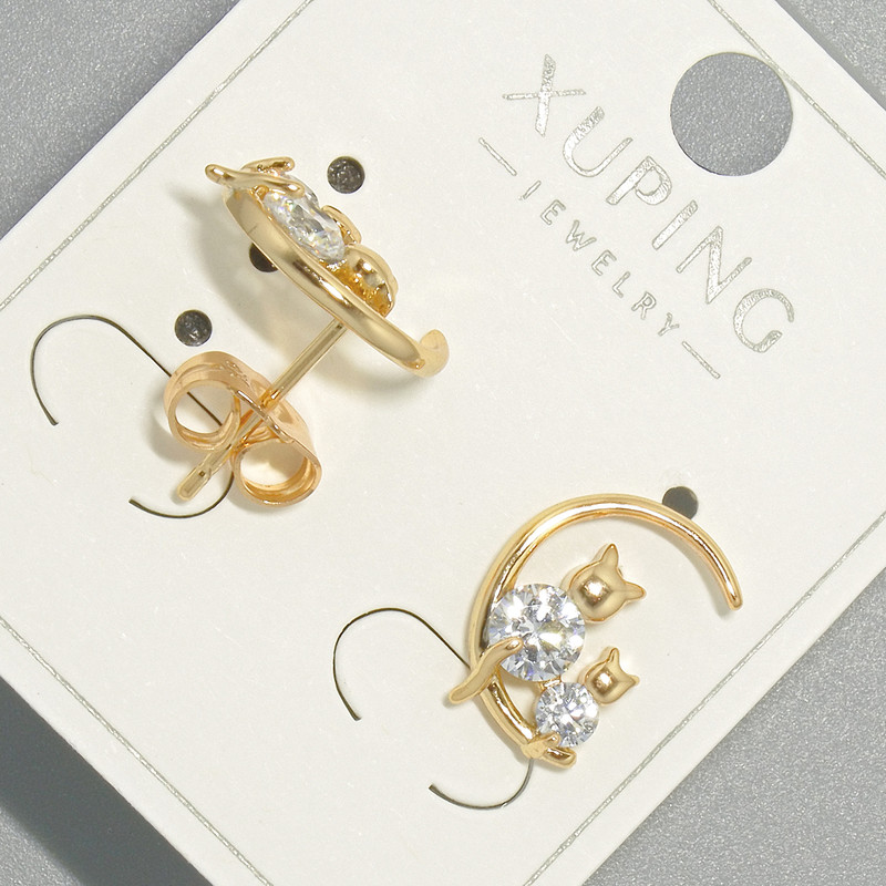 Xuping "Kittens" Stud Earrings with White Crystals, Diameter 10x14mm+/- 18K Gold Plated