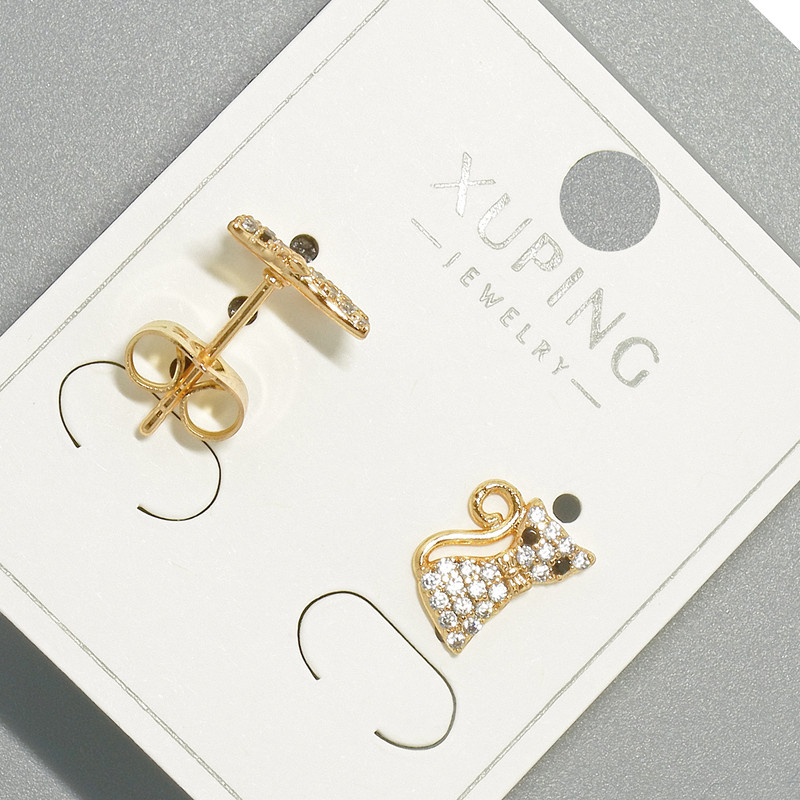 Xuping "Kitten" Stud Earrings with White and Black Rhinestones, Diameter 7x10.5mm+/- 18K Gold Plated