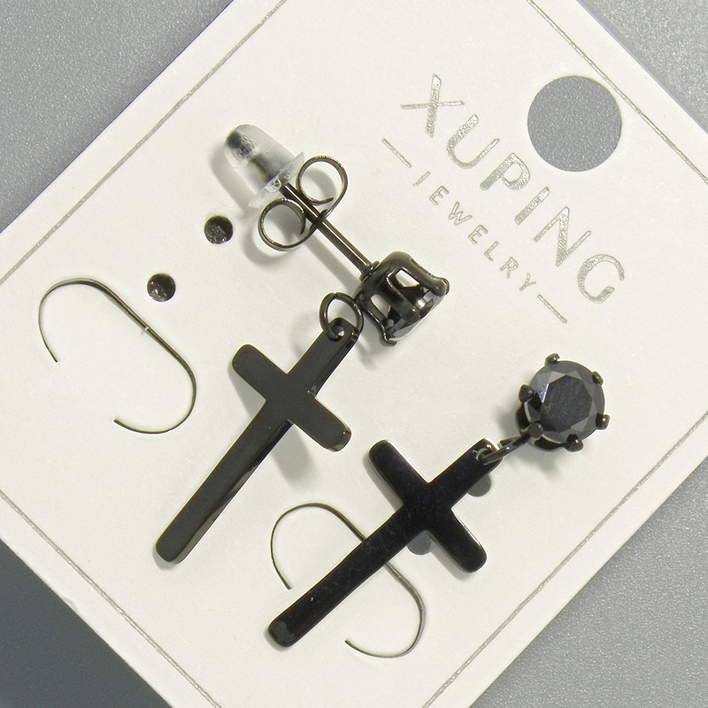 Xuping "Cross" Stud Earrings, Black with Black Crystal, Diameter 10x18mm, Length 24.5mm+