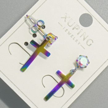 Xuping "Cross" Stud Earrings, Petrol Shade with Pink Crystal, Diameter 10x18mm, Length 24.5mm+