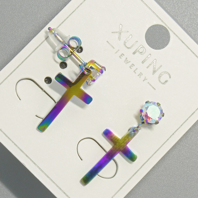 Xuping "Cross" Stud Earrings, Petrol Shade with Pink Crystal, Diameter 10x18mm, Length 24.5mm+
