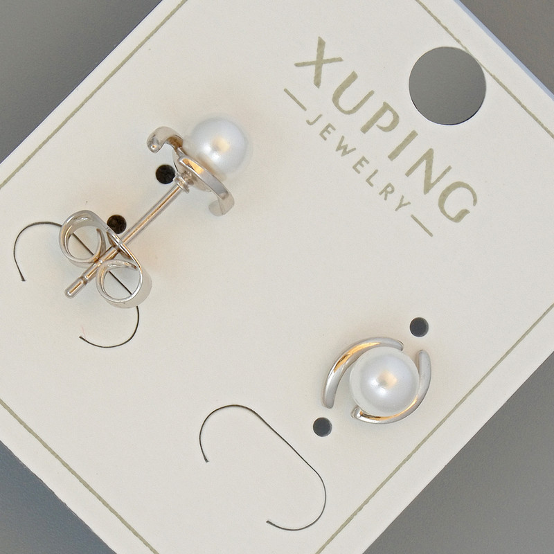 Xuping Stud Earrings with White Bead, Diameter 7x9mm, Rhodium