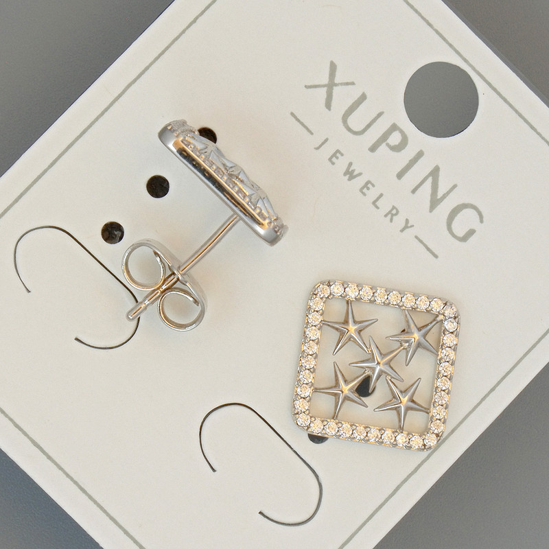 Xuping "Stars" Stud Earrings with White Rhinestones, Diameter 12mm, Rhodium