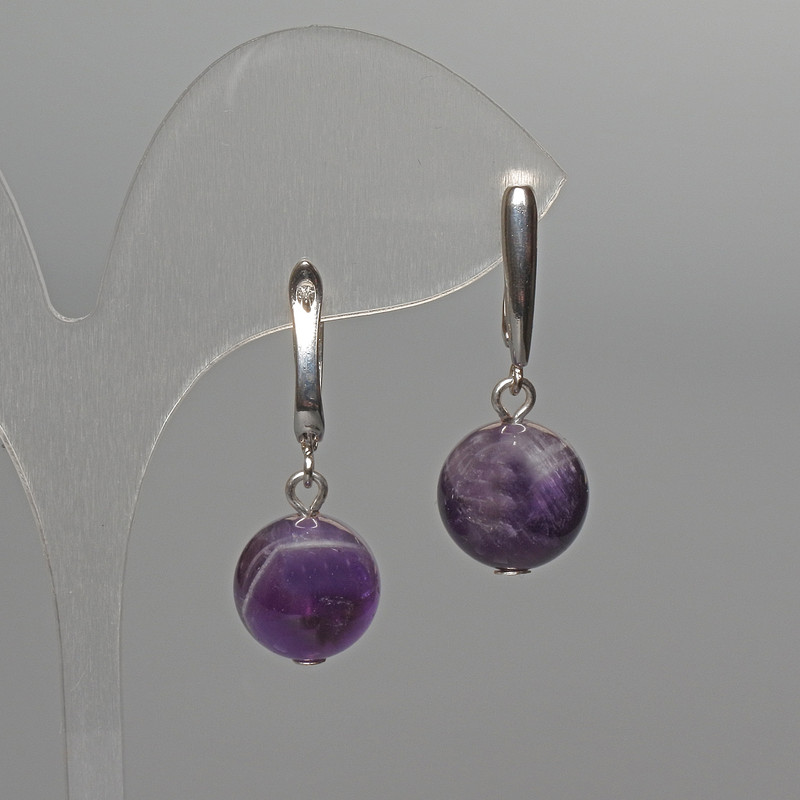 Amethyst Natural Stone Earrings, smooth round beads, diameter 12mm+/-, length 32mm+/-, English lock