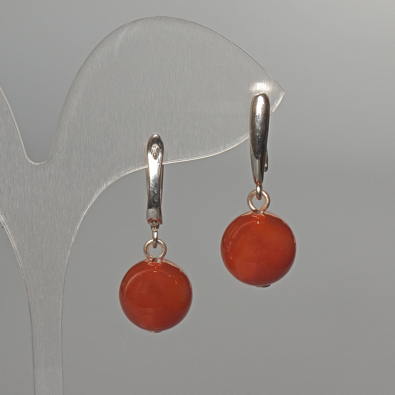 Carnelian Natural Stone Earrings, smooth round beads, diameter 12.5mm+/-, length 32mm+/-, English lock
