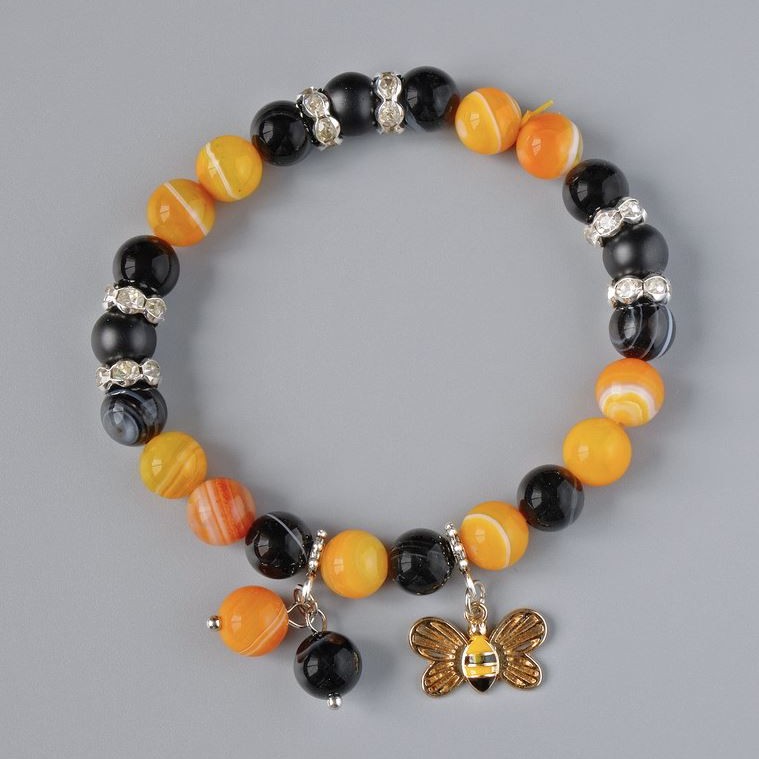 Shungite & Agate Bracelet, black and orange smooth round beads, diameter 8mm+/-, length 18cm+/- (stretch) with metal inserts and rhinestones