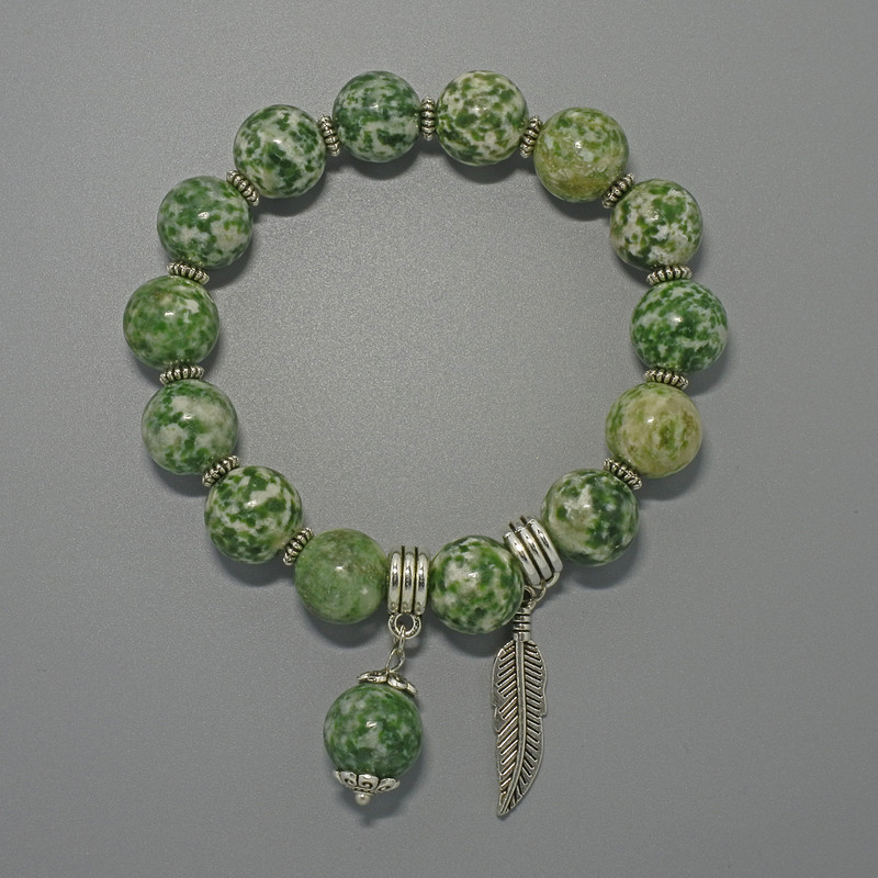 Moss Agate (artificial) Bracelet, smooth bead, diameter 12.5mm+-, length 18cm+- (stretch) with metal inserts