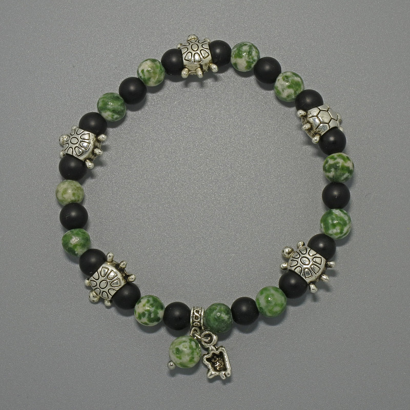 Moss Agate and Shungite (artificial) Bracelet, smooth bead, diameter 6mm, 6.5mm+-, length 18cm+- (stretch) with metal inserts