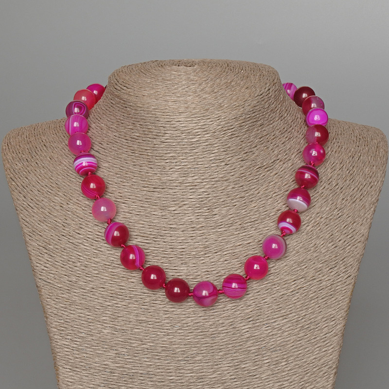 Raspberry Agate Necklace, natural stone smooth bead, diameter 12mm+/-, length 47cm+