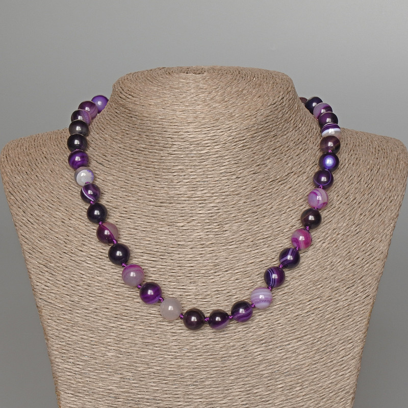 Purple Agate Necklace, natural stone smooth bead, diameter 10mm+/-, length 47cm+