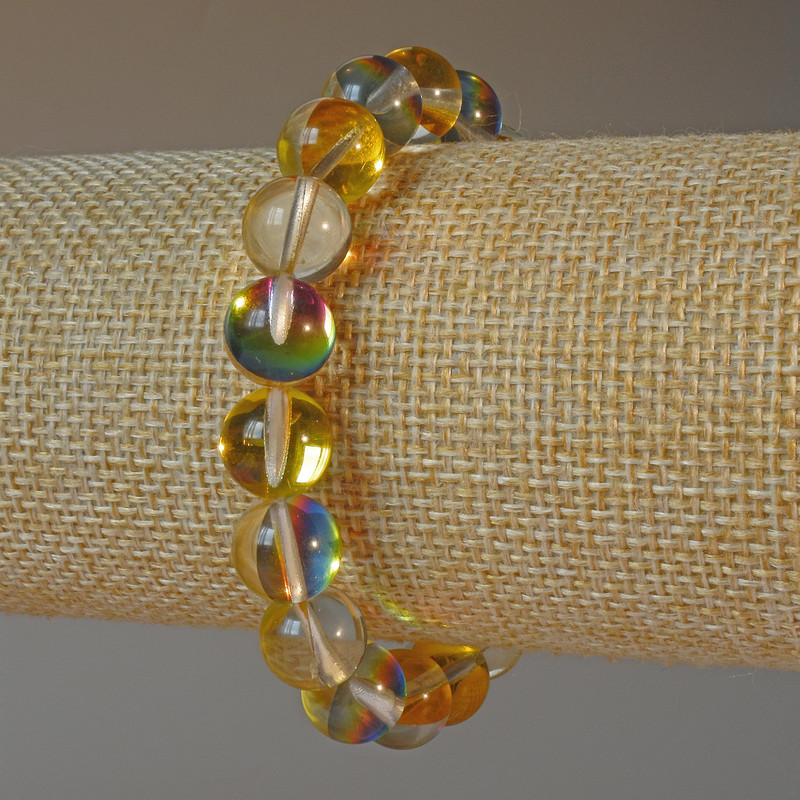 Yellow Chameleon Opal Glass Bracelet, smooth bead, diameter 10.5mm+-, length 18cm+- (stretch)