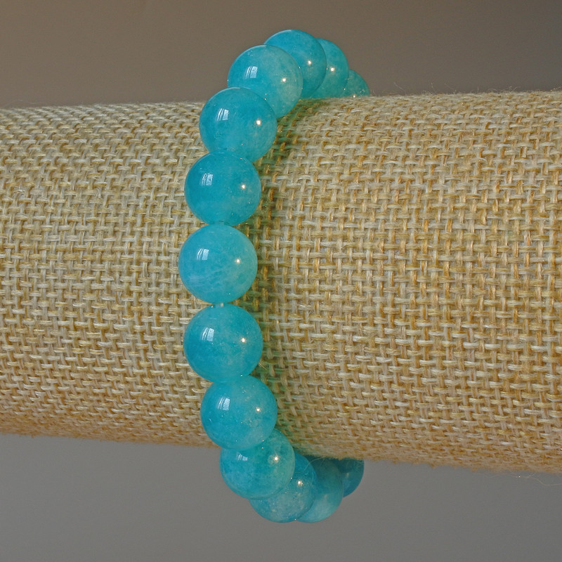 Aquamarine Bracelet, natural stone smooth bead, diameter 10mm+/-, length 18cm+/- (stretch)