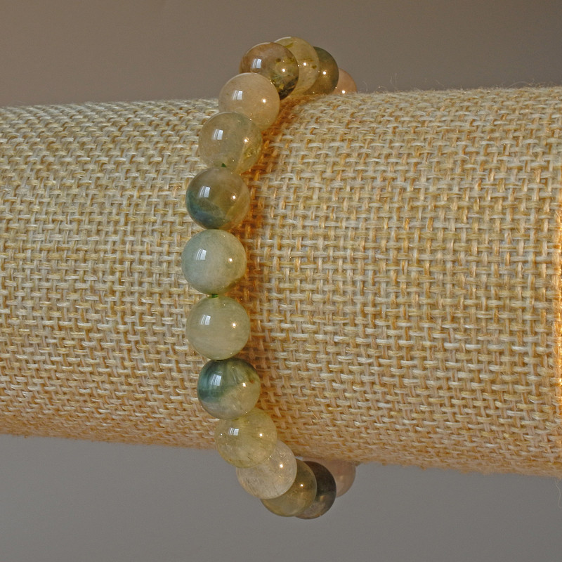 Phantom Quartz with Rutile Bracelet, natural stone smooth round beads, diameter 8mm+-, length 18cm+- (stretch)