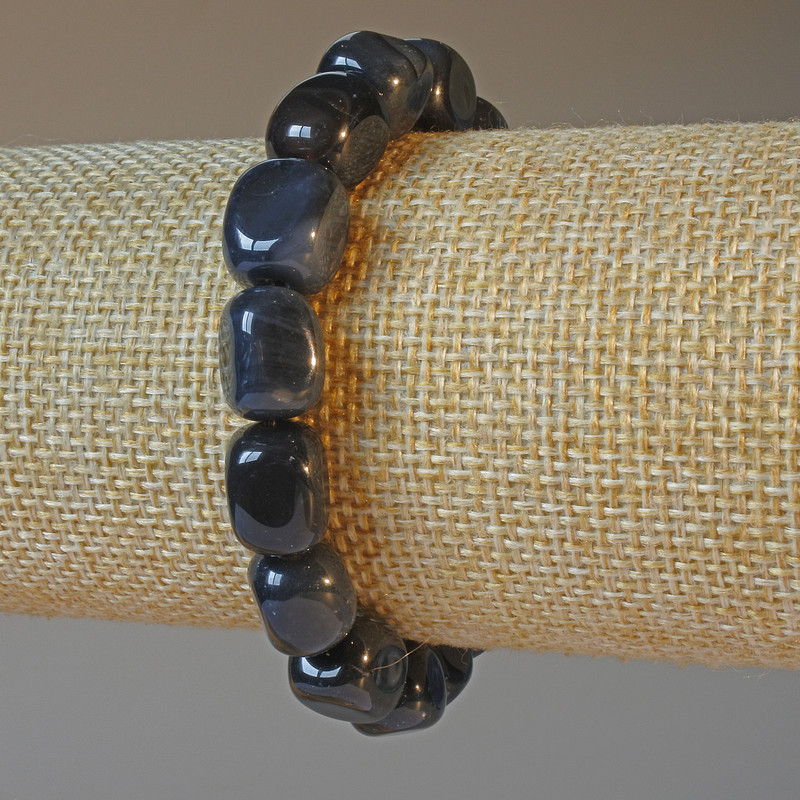 Black Agate Bracelet, natural stone bar, diameter 9x12mm+/-, length 18cm+/- (stretch)