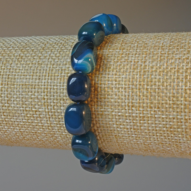 Blue Agate Bracelet, natural stone bar, diameter 9x12mm+/-, length 18cm+/- (stretch)