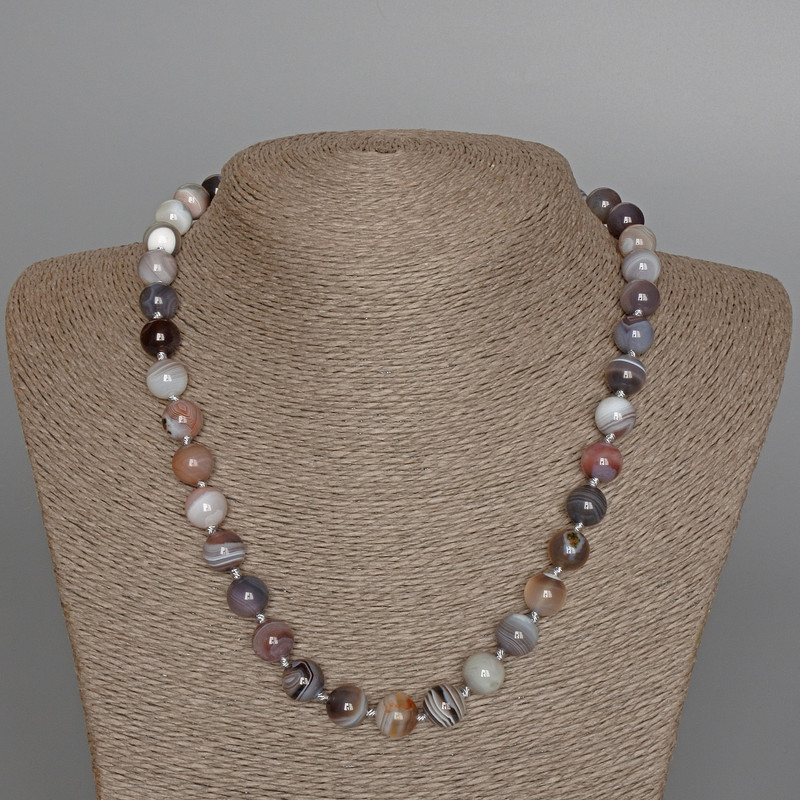 Botswana Agate Necklace, Natural Stone Smooth Round Beads, Diameter 10mm+/-, Length 48cm+