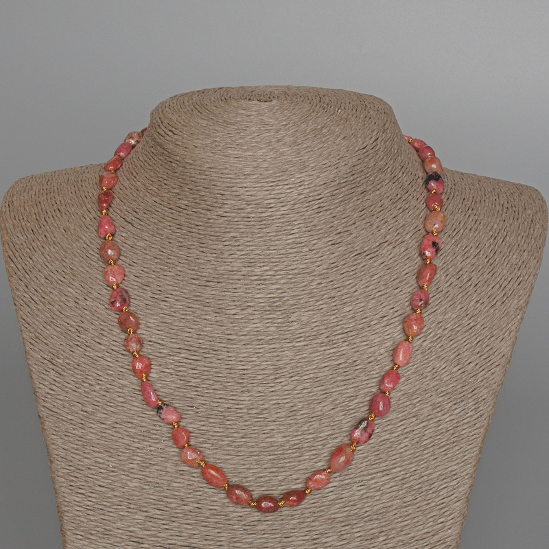 Rhodonite Necklace, Natural Stone Tumbled Beads, Diameter 7x9mm+/-, Length 49cm+