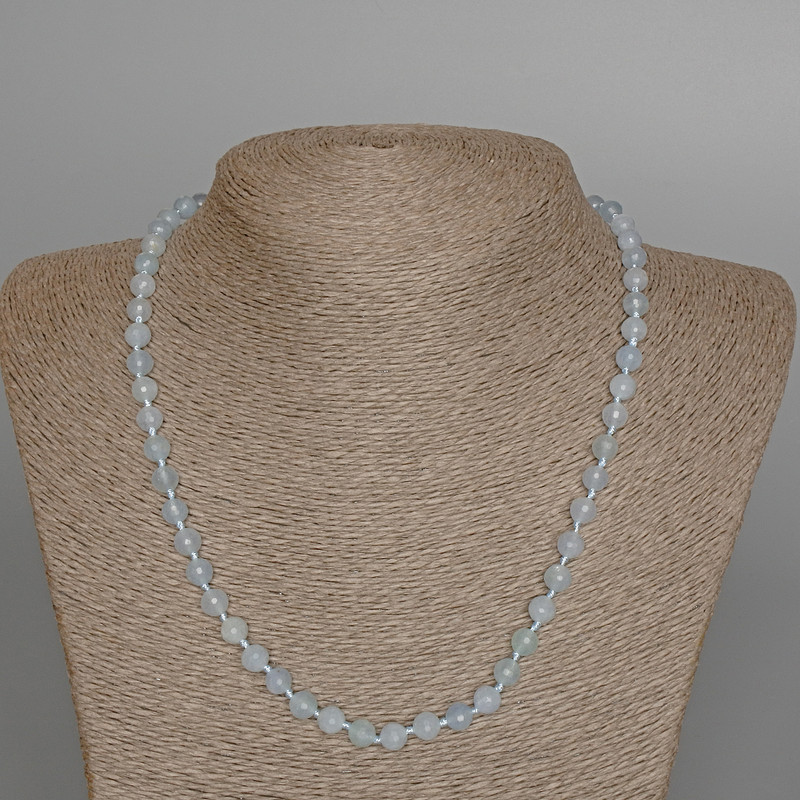 Aquamarine Necklace, Natural Stone Faceted Round Bead, Diameter 6mm+-, Length 49cm+