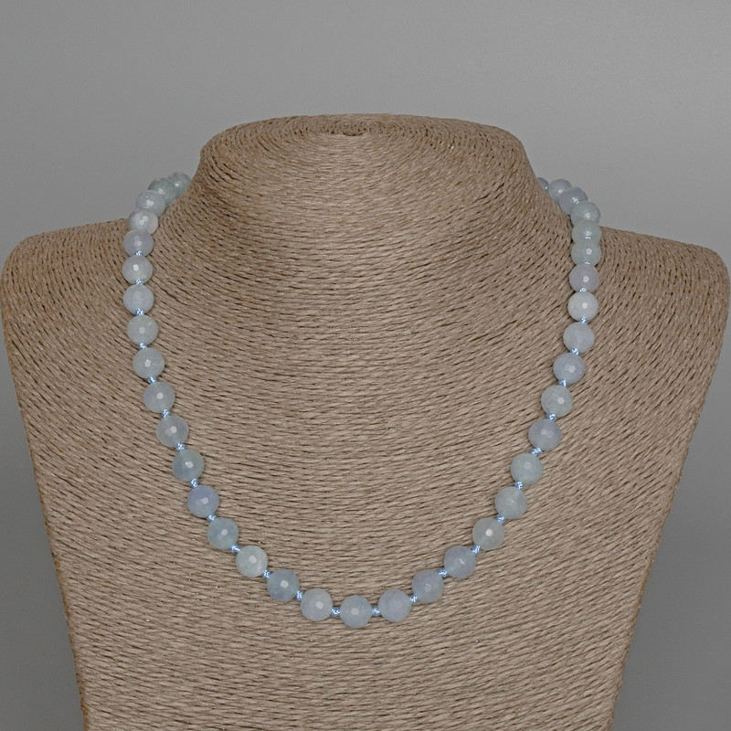 Aquamarine Necklace, Natural Stone Faceted Round Bead, Diameter 8mm+-, Length 47cm+