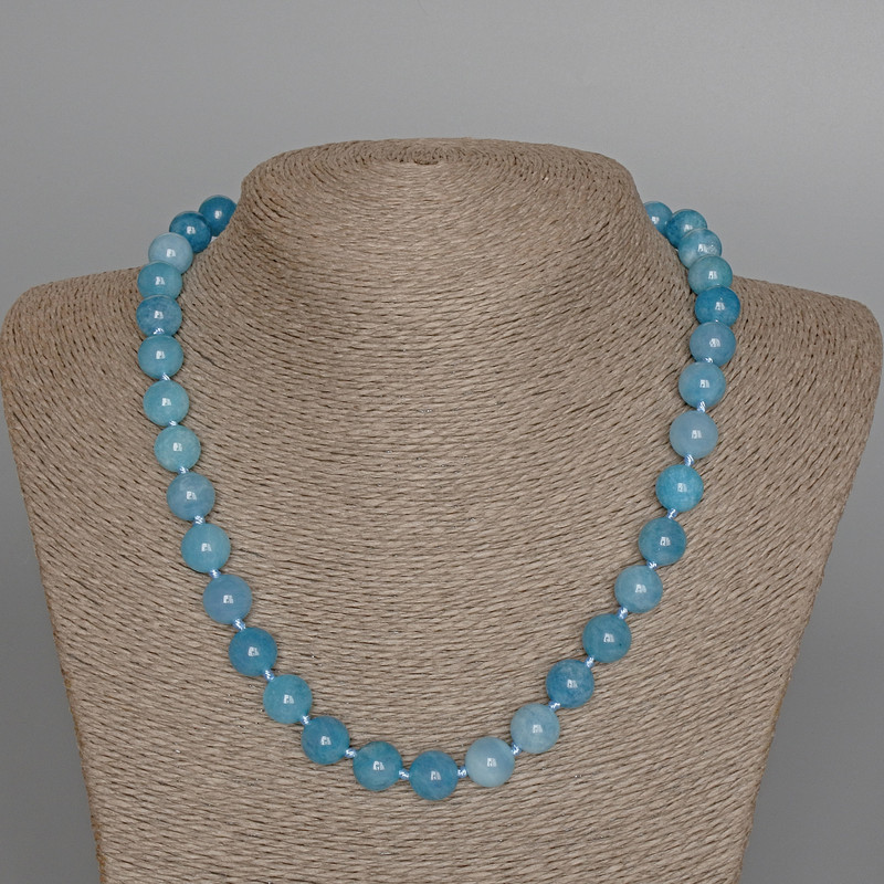 Aquamarine Necklace, Natural Stone Smooth Round Bead, Diameter 10mm+-, Length 49cm+