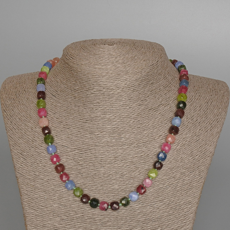 Assorted Gemstone Necklace, Natural Stone Faceted Cube, Diameter 7mm+-, Length 48cm+