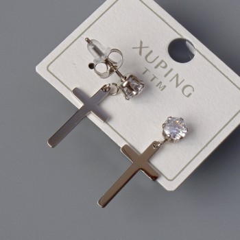 Xuping "Cross" Stud Earrings with White Crystal, Diameter 10x18mm, Length 24.5mm+/-, Rhodium