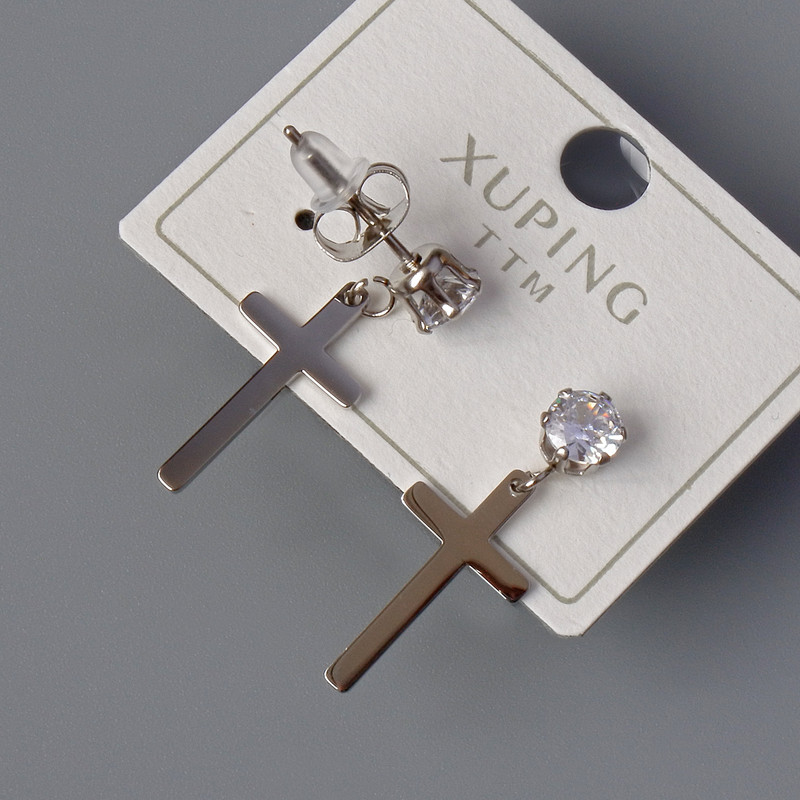 Xuping "Cross" Stud Earrings with White Crystal, Diameter 10x18mm, Length 24.5mm+/-, Rhodium