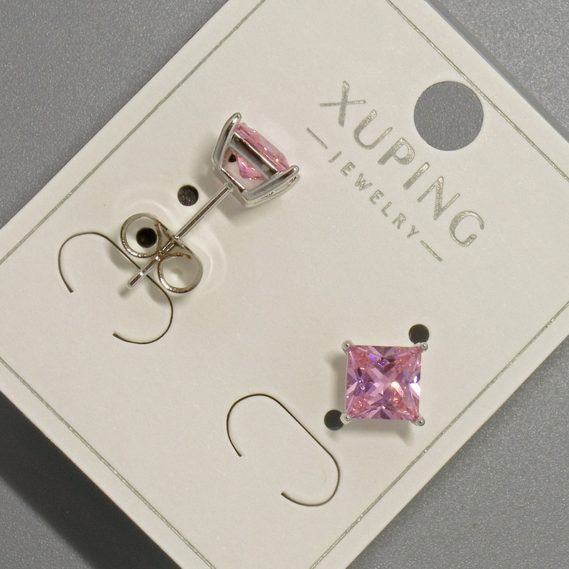Xuping Stud Earrings with Pink Crystal, Diameter ~6mm, Rhodium Plated