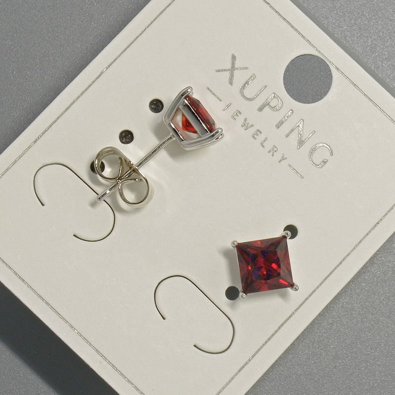 Xuping Stud Earrings with Red Crystal, Diameter ~6mm, Rhodium Plated