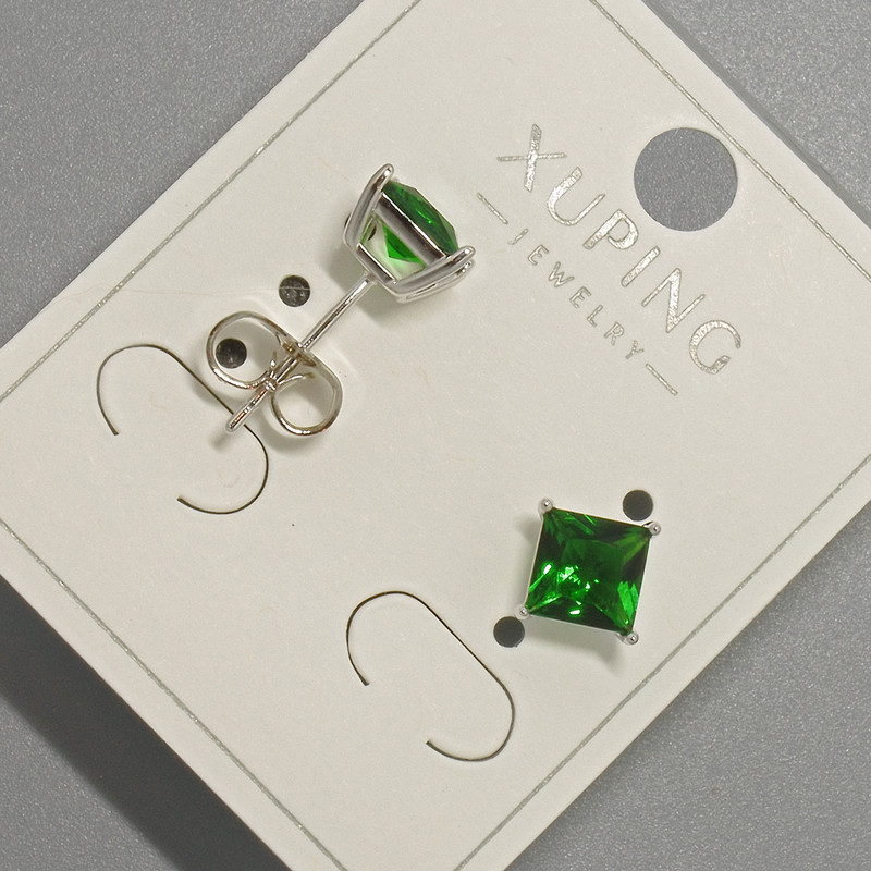 Xuping Stud Earrings with Green Crystal, Diameter ~6mm, Rhodium Plated