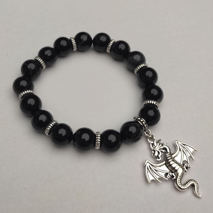 Black Agate Bracelet (pressed) smooth bead, diameter 10mm+-, length 18cm+- (stretch) with metal inserts