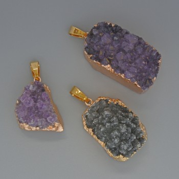 Amethyst Druzy Geode Pendant in a Gold-Tone Setting, assorted diameter 19x27mm+/-, length 35mm+