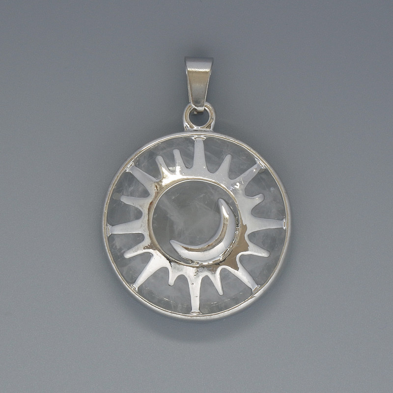 Sun Pendant Rock Crystal, diameter 27mm+/-, length 37mm+/- in a silver-tone setting