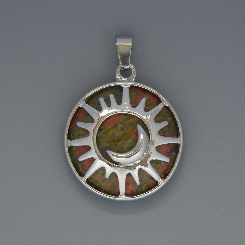 Sun Pendant Jasper Heliotrope, diameter 27mm+/-, length 37mm+/- in a silver-tone setting