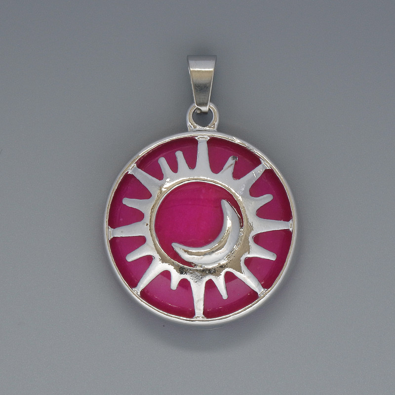 Sun Pendant Raspberry Tourmaline, diameter 27mm+/-, length 37mm+/- in a silver-tone setting