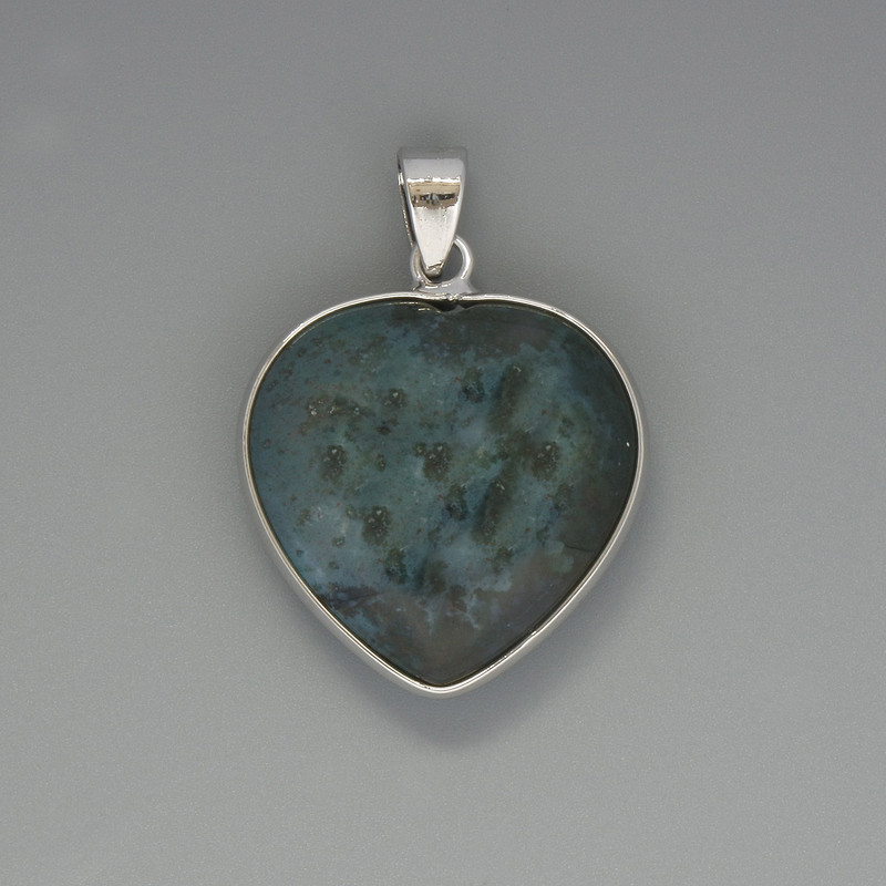 Heart Pendant Moss Agate, diameter 26x26mm+-, length 36mm+- in silver-tone setting