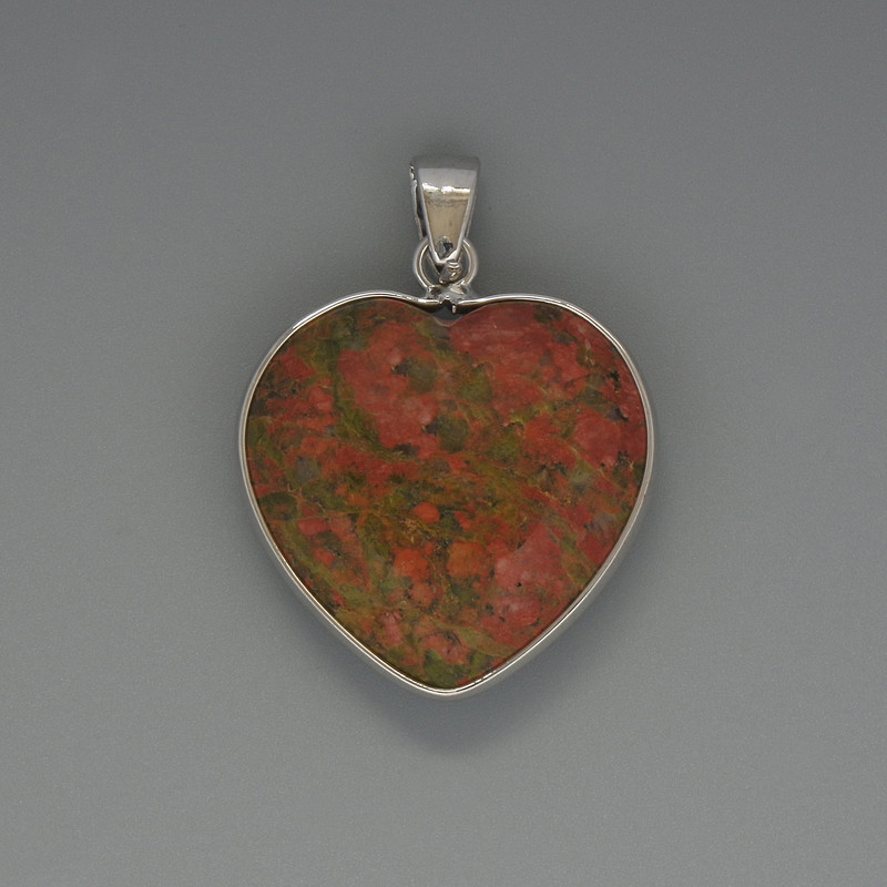 Heart Pendant Heliotrope Jasper, diameter 26x26mm+-, length 36mm+- in silver-tone setting