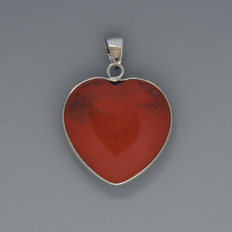 Heart Pendant Red Jasper, diameter 26x26mm+-, length 36mm+- in silver-tone setting