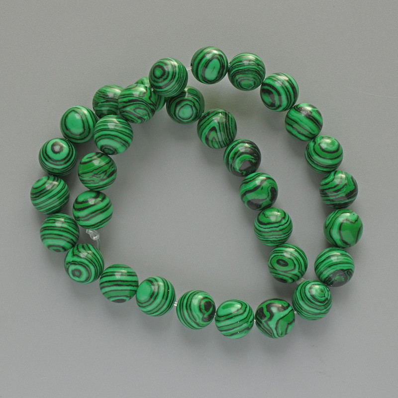 Malachite Beads (pressed) Smooth Round, diameter 12mm+/-, length 37mm+/- on fishing line