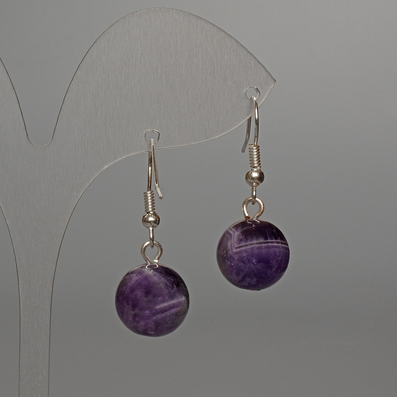 Amethyst Earrings Natural Stone Smooth Round Beads, diameter 12mm+/-, length 32mm+